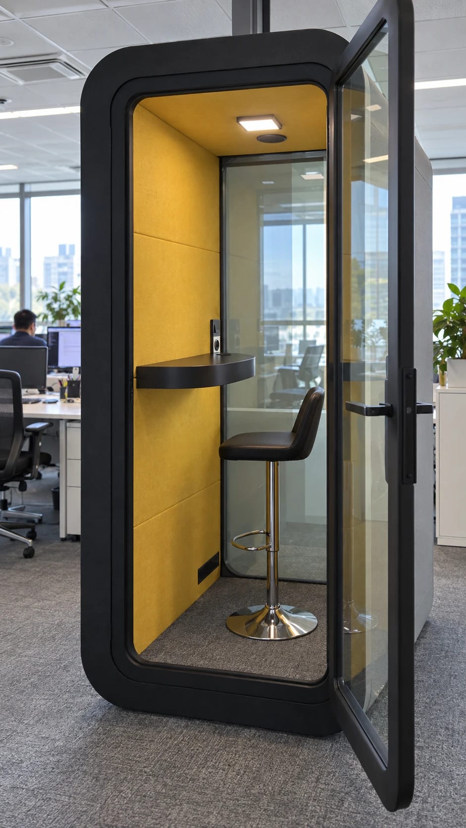Solo Phone Booth in black with yellow interior, door open, in an open-plan office