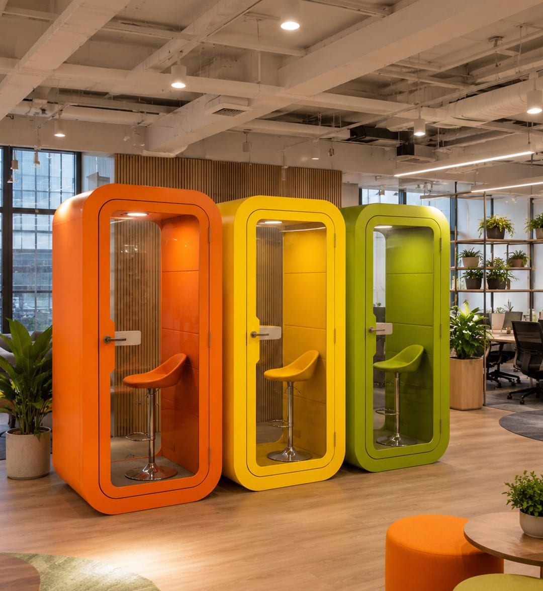Orange, yellow and lime phone booths side by side