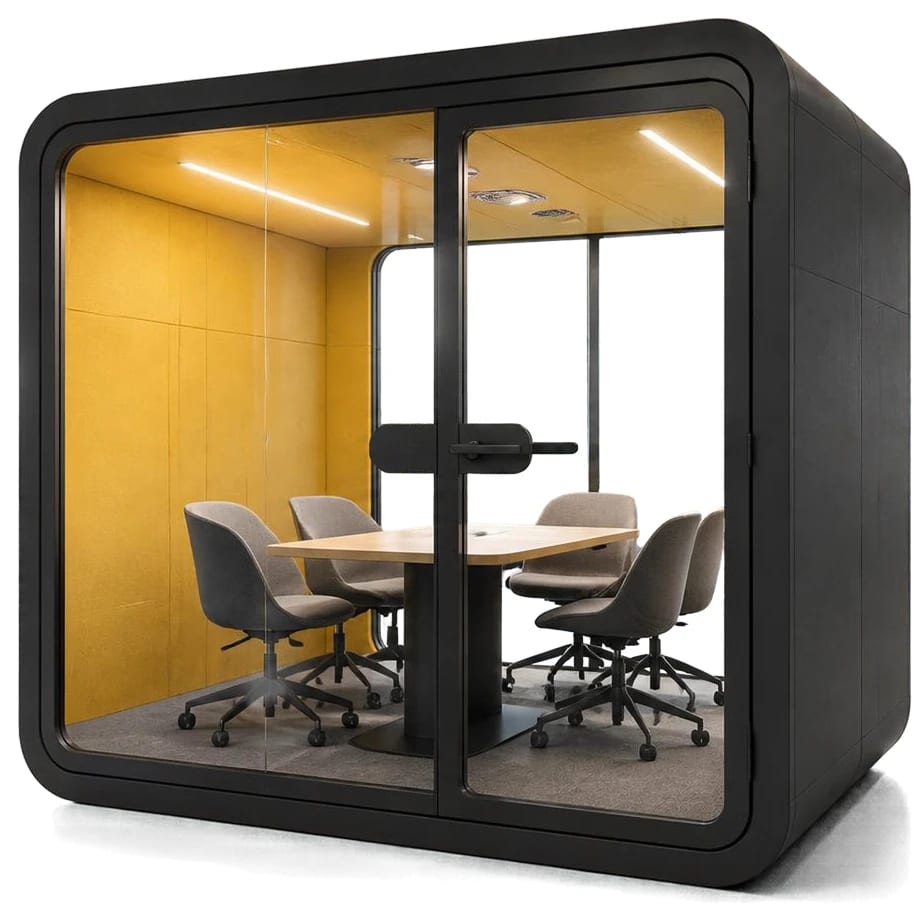 Meeting Pod 1–4, black shell with yellow acoustic interior, shown with meeting table and chairs